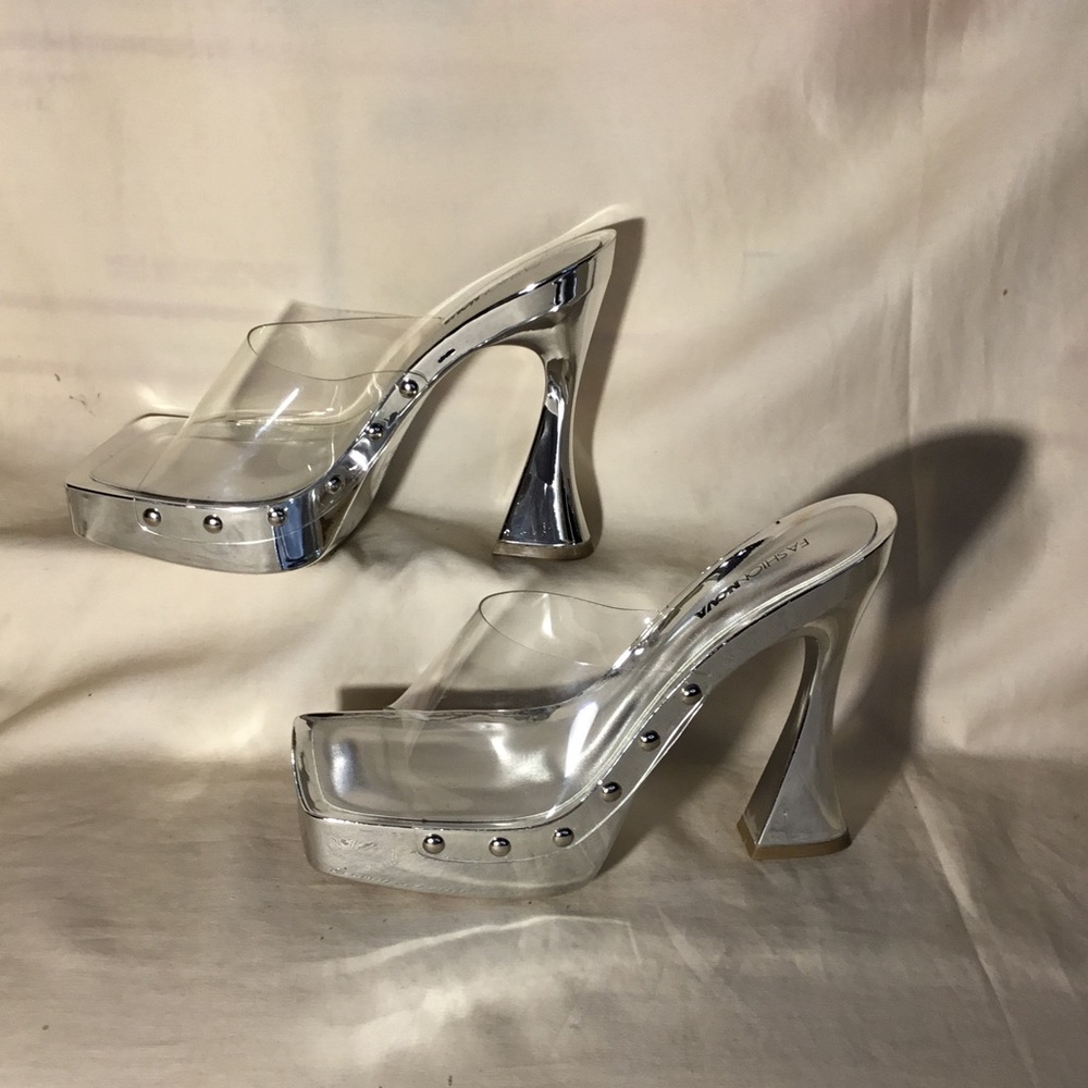 Fashion Nova Clear Platform Mule Heels - Silver